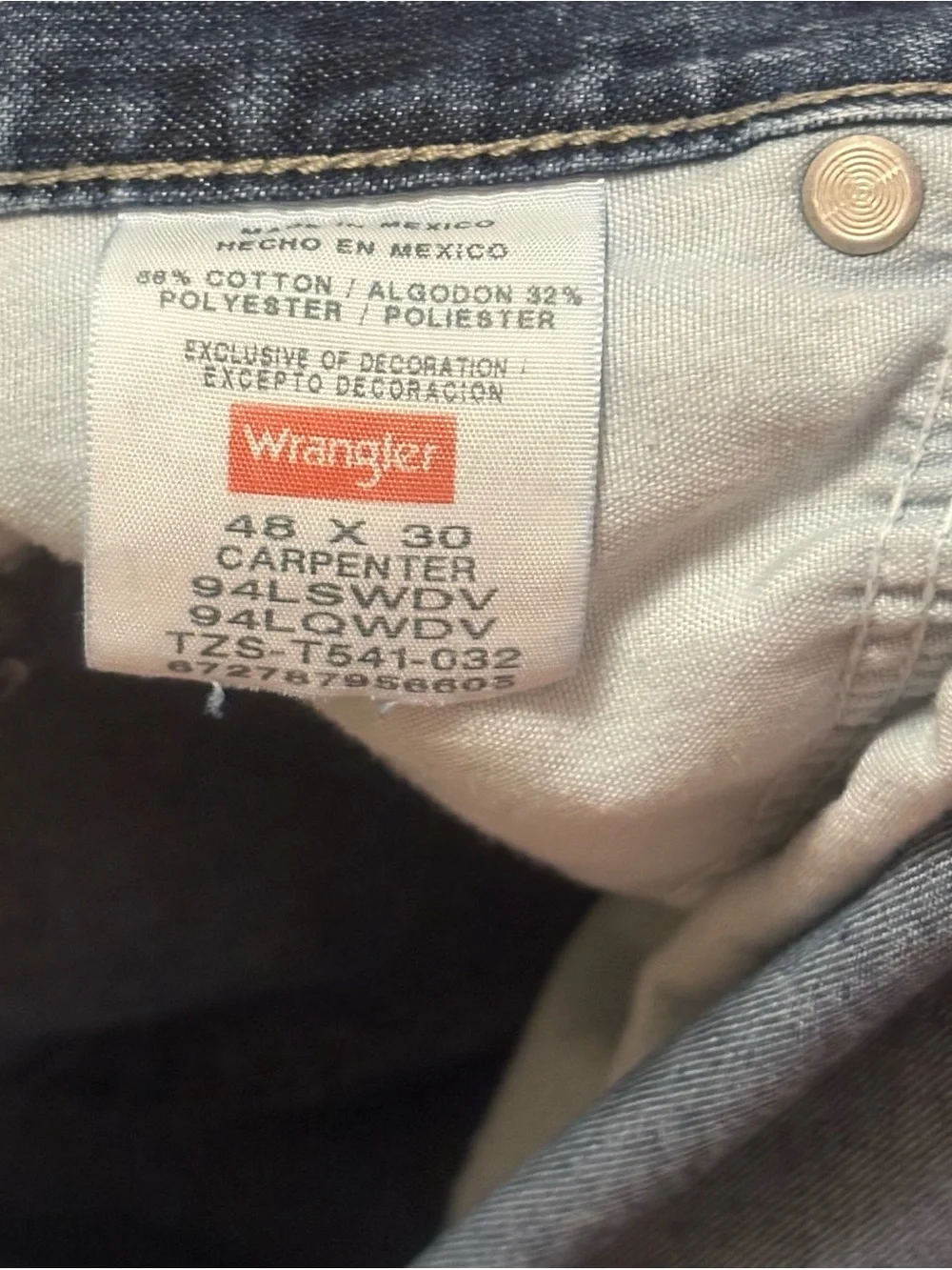 Wrangler Men's Carpenter Denim Jeans Size 48W 30L